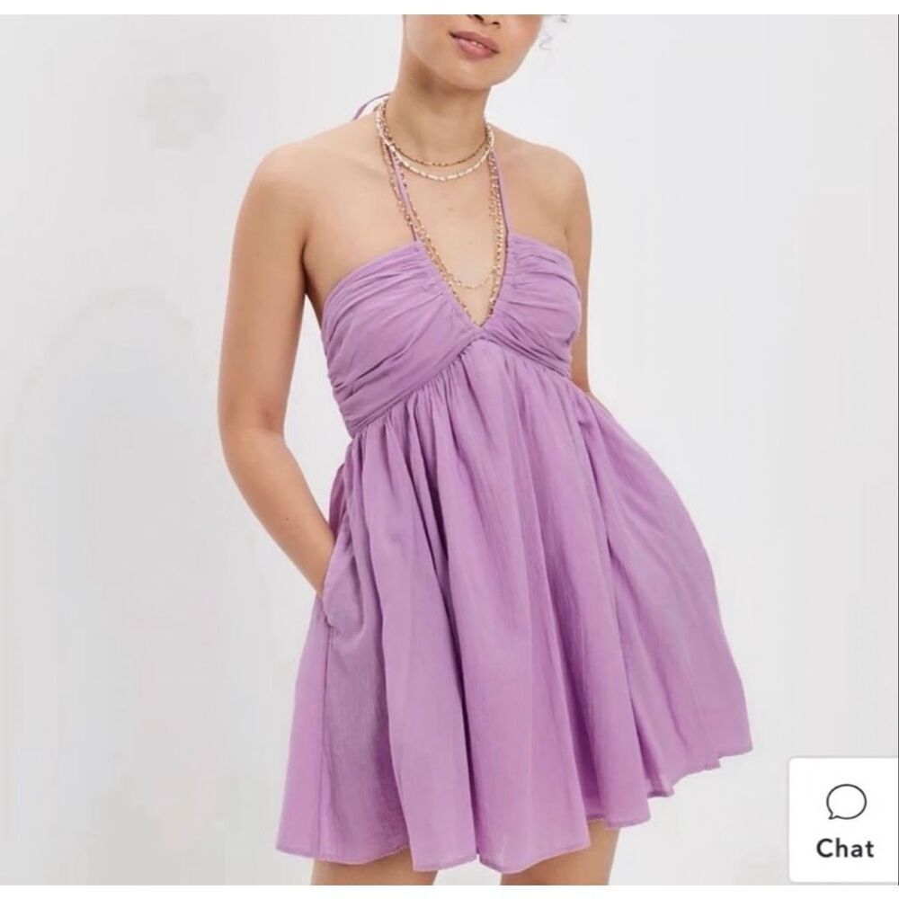 American Eagle Lavender Halter Mini Dress XS Ruched Open Back Tie